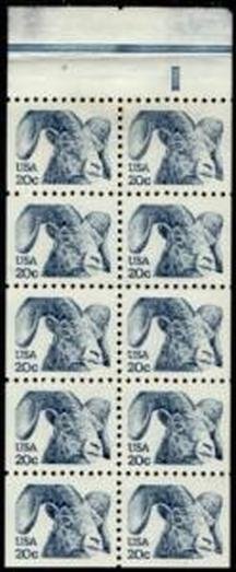 US Stamp #1949a MNH Booklet Pane of 10 Big Horn Ram w/ Tab Plate #10