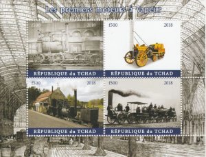 CHAD - 2018 - Early Steam Locos - Perf 4v Sheet -Mint Never Hinged-Private Issue
