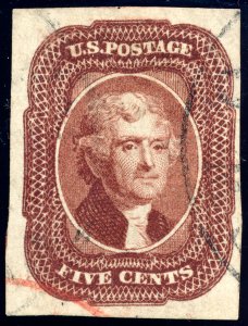 US 12 5c 1856 Thomas Jefferson imperf PSAG cert four margins used