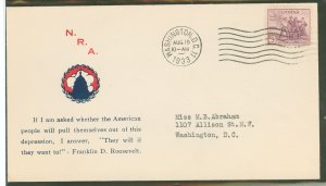 US 732 1933 3c National Recovery Administration (NRA) single on an addressed (typed) FDC with a rice cancel