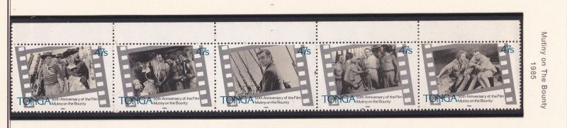 Tonga # 607, Mutiny on the Bounty Film, Strip of 5, NH, 1/2 Cat