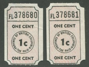 CANADA REVENUE BRITISH COLUMBIA 1¢ SOCIAL SERVICES TAX TICKETS