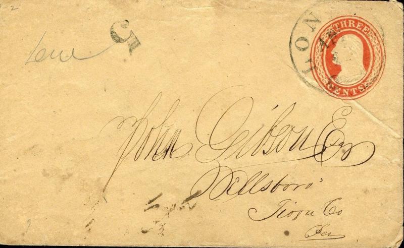 US LONDON, CT 4/2?/18?? 3C STATIONERY COVER TO HILLSBORO,PA DUE 5 CENTS AS SHOWN