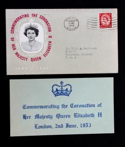 Great Britain #296 QEII 1953 Coronation Cachet on Cover with Original Card .