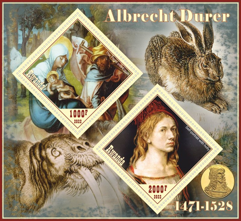 Stamps. Art. Painting Albercht Durer  2022 year Rwanda 1+1 sheet perforated