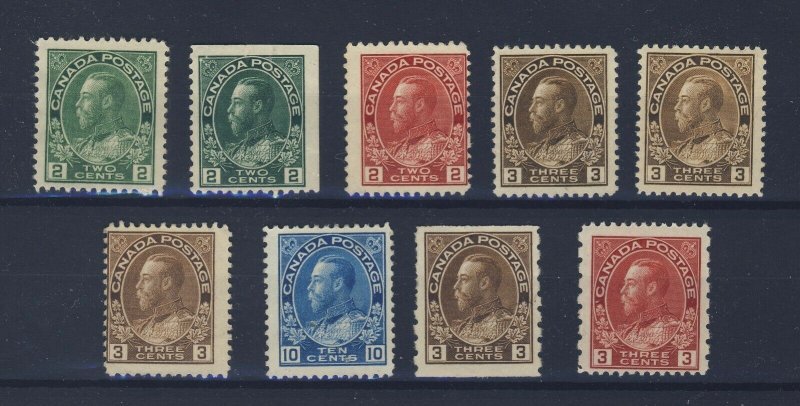 9x Canada WW1 Admiral Stamps #106-107-107bs 3x108-117-129-184 GV = $125.00