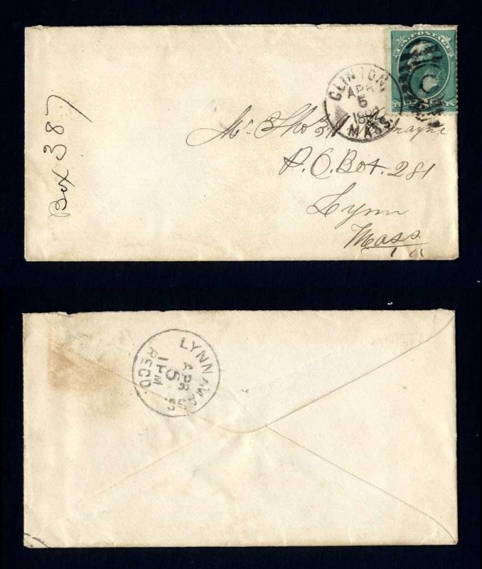 # 207 cover from Box 387, Clinton, MA to Lynn, MA dated 4-5-1882