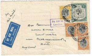 Tanganyika 1934 airmail cover to England, boxed Feeder Service, SG 102