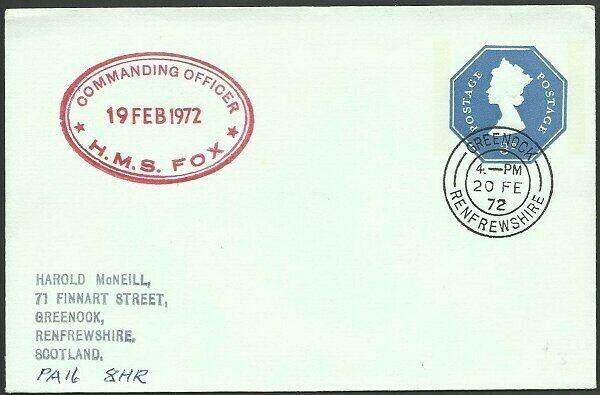 GB SCOTLAND 1972 3p envelope HMS FOX  navy ship cachet - Greenock cds......47969