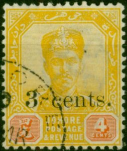 Johore 1903 3c on 4c Yellow & Red SG54a 'Value Uncancelled' Fine Used