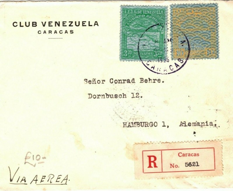 VENEZUELA Cover Caracas Registered Air Mail GERMANY Hamburg via USA 1936 LS101