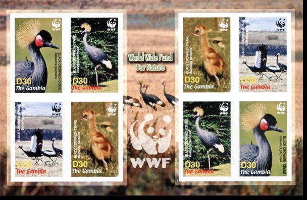 Gambia Birds WWF Black Crowned Crane Imperforated Sheetlet of 2 sets