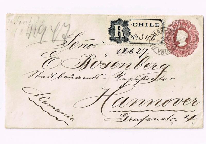 R) 1891 CHILE, POSTAL ESTATIONARY, FROM VIÑA DEL MAR TO GERMANY,15 CTVS WITH  A