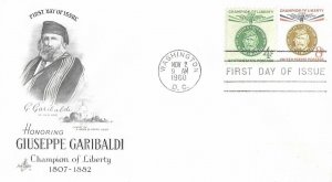 1960 FDC, #1168-1169, 4c/8c Giuseppe Garibaldi, Art Craft - combo