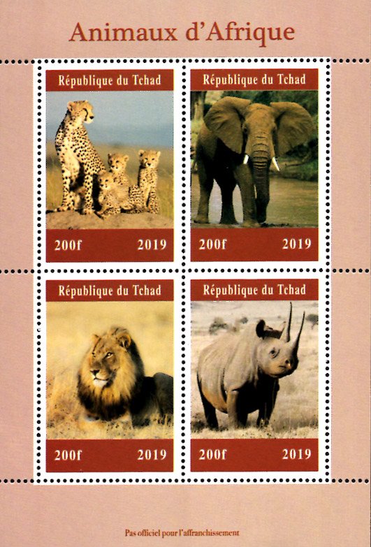 Chad 2019 African Wild Animals Cheetah Elephant Lion Rhino 4v Mint S/S. (#25)