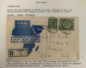 1931 Nairobi Kenya Early Airmail Cover To Camel CA USA Feeder Service