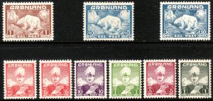 1938-46 Greenland Christian X & Polar Bear complete set MLH Sc# 1 / 9 CV $36.00