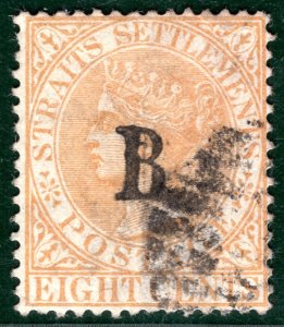 Thailand BRITISH POST OFFICE SIAM QV 8c *B* Bangkok DOUBLE OVERPRINT? SGREEN115