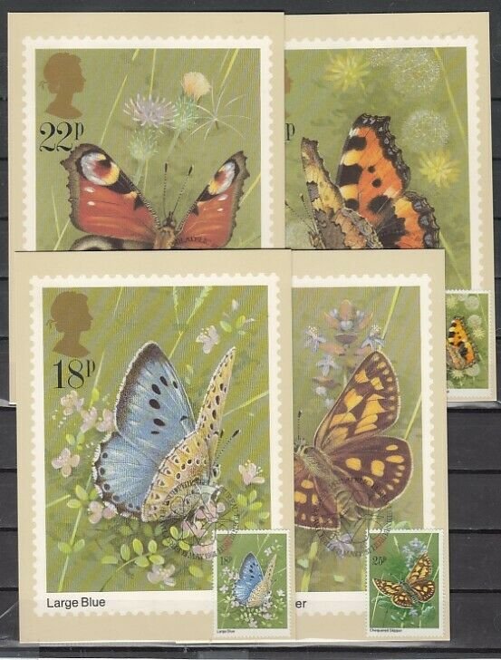 Great Britain, Scott cat. 941-944. Butterflies issue as 4 Max. Cards. ^