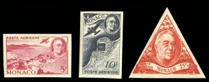 Monaco #C14-15, CB6 (YT PA19-21) Cat€45, 1946 Roosevelt, set of three, 10fr...