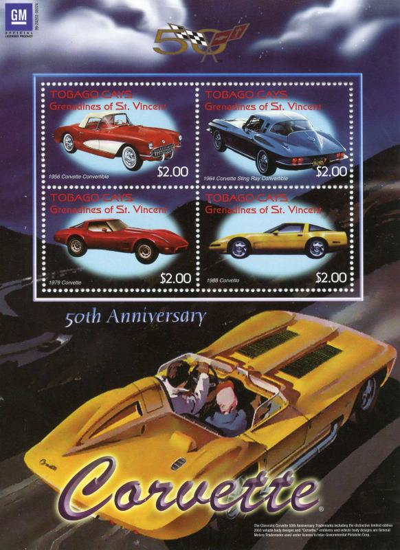 Tobago Cays Grenadines St Vincent 2003 MNH Chevrolet Corvette 4v M/S Cars Stamps