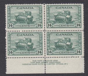 Canada #259 Mint Plate Block of 4, PL 1