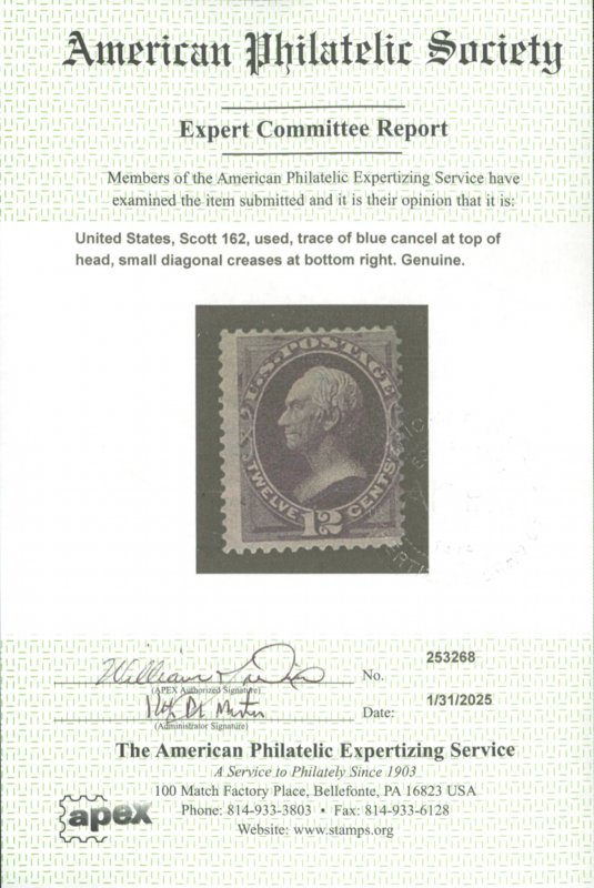 U.S. #162 USED WITH APS CERT