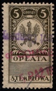 Vintage Poland Revenue 5 Groszy Stamp Duty Used