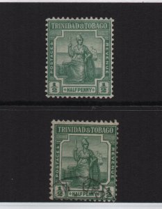 Trinidad 1921 SG206 HALFPENNY MCA watermark 2 stamps 1 used 1 mounted mint