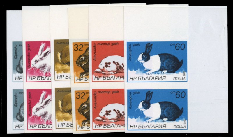 Bulgaria #3146-3151, 1986 Rabbits, set of imperf. pairs, never hinged