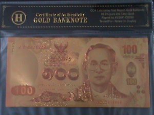 ​THAILAND-2010-24 KARAT GOLD REPLICA $100-BAHT BANK NOTE-WITH CERIFICATE VF