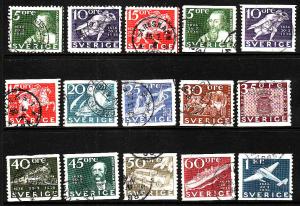 Sweden:SC#248-262-used set-300th Anniv. Postal Sys-cv $31.35