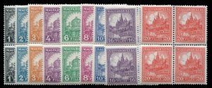 Hungary #428-436, 1928-30 1f-20f, complete set in blocks of four, never hinged