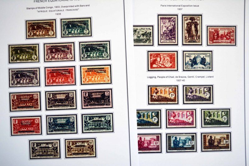 COLOR PRINTED FRENCH EQT. AFRICA 1936-1958 STAMP ALBUM PAGES (30 illustr. pages)