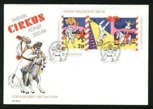 Sweden.  FDC 1987. 200 years of Circus Art. Horse , Clown. Engraver: Cz Slania