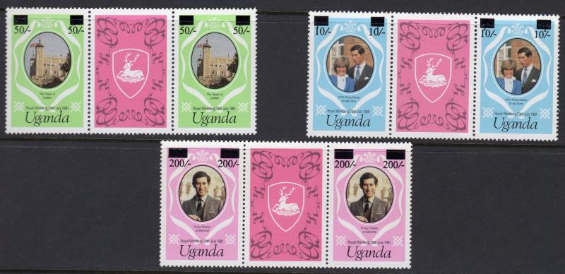 Uganda 1981 Sc#314a/316a Charles & Diana Set (3) ovpt.New values Gutter-Pairs