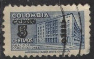 Colombia C227 (used) 5c on 8c telegraph building, blue (1953)