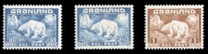 Greenland #7-9 Cat$27, 1938-46 30o-1k, set of three, lightly hinged