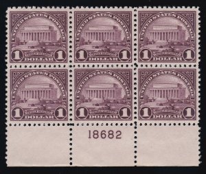 US 571 $1 Lincoln Memorial Mint Bot Plate #18682 Block of 6 VF-XF OG NH SCV $525