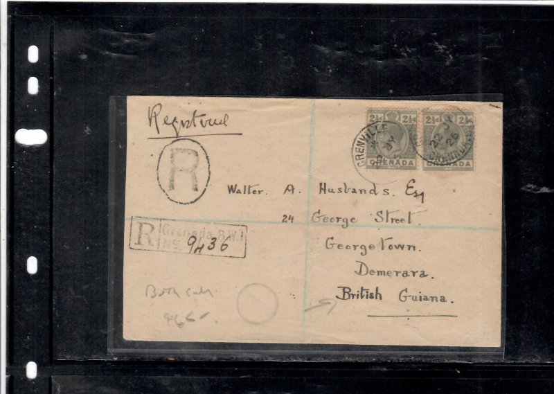 GRENADA COVER (P3004B)  1926 KGV 2 1/2DX2 REG COVER TO BRITISH GUIANA