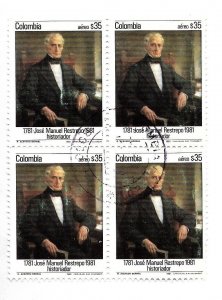 COLOMBIA 1981 JOSE MANUEL RESTREPO, HISTORIAN, BLOCK OF FOUR USED SCOTT C713