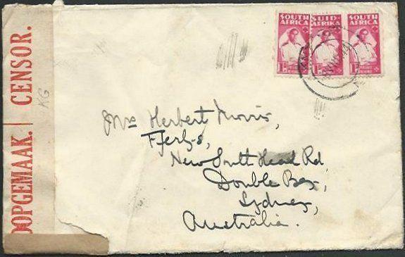 SOUTH AFRICA 1944 1d Nurse Bantams (3) on censor cover to Australia........59170