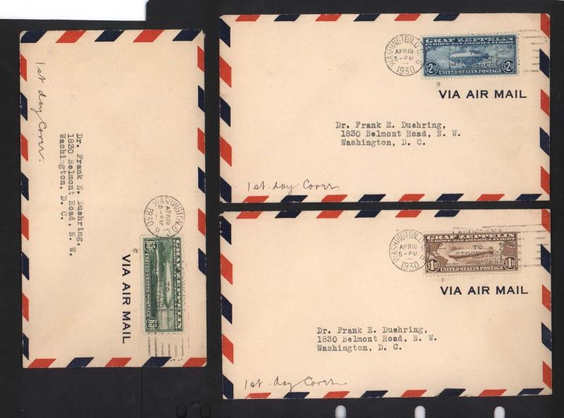 USA #C13 - #C15 XF Used Zeppelins On 1st Day Covers