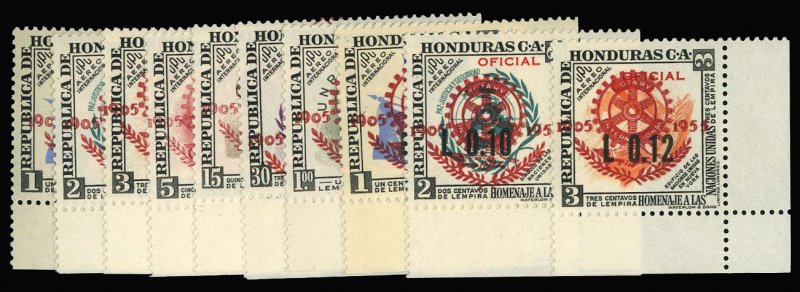 Honduras #C231-240 Cat$23.10, 1955 Rotary, complete set with sheet margin, ne...