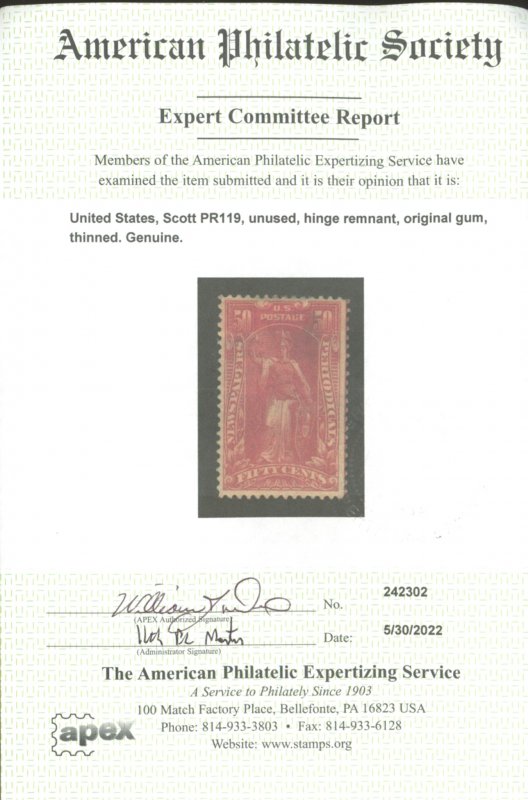 U.S. #PR119 MINT WITH APS CERT