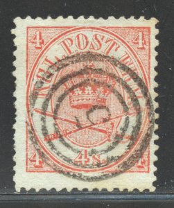 Denmark Scott 13 Used H - 1864 4s Royal Emblems - SCV $8.00