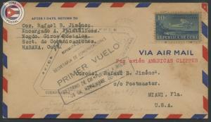 Cuba 1931 First Flight Cover Cienfuegos - Miami | Edifil E84 | CU8117
