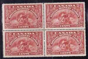Canada id#12091-Sc#E6-block of four-20c dark carmine Special Delivery-NH-1935-