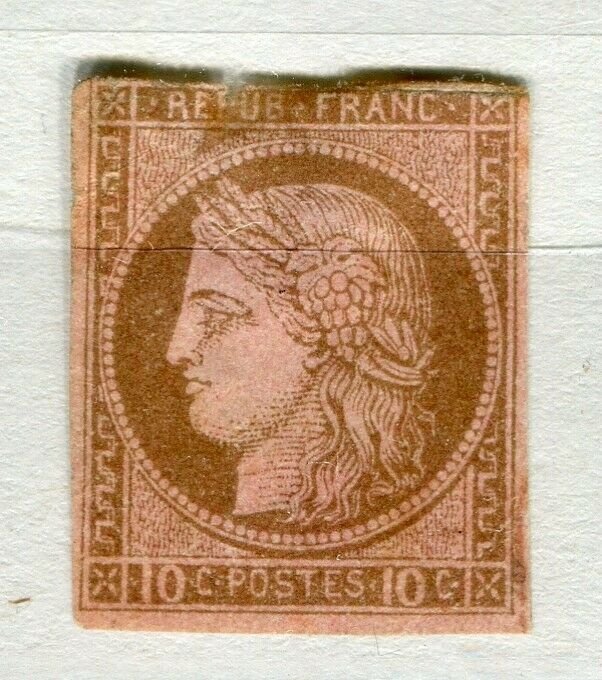 FRENCH COLONIES; 1870s classic Ceres Imperf issue used 10c. value (thin)