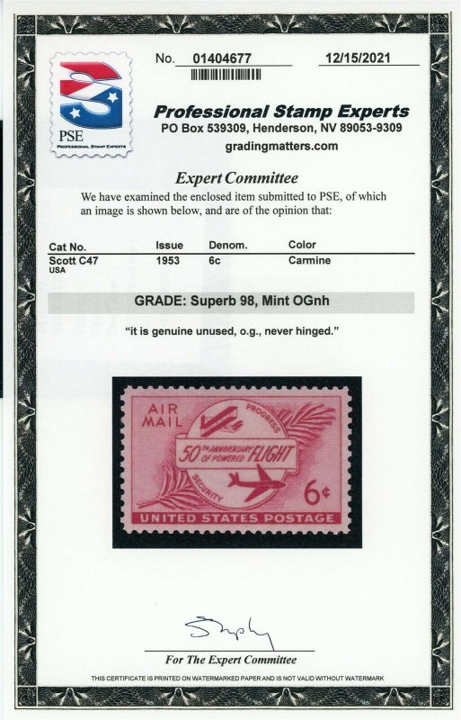 US Stamp #C47 Powered Flight 6c, PSE Cert - SUPERB 98 - MOGNH - SMQ $60.00 